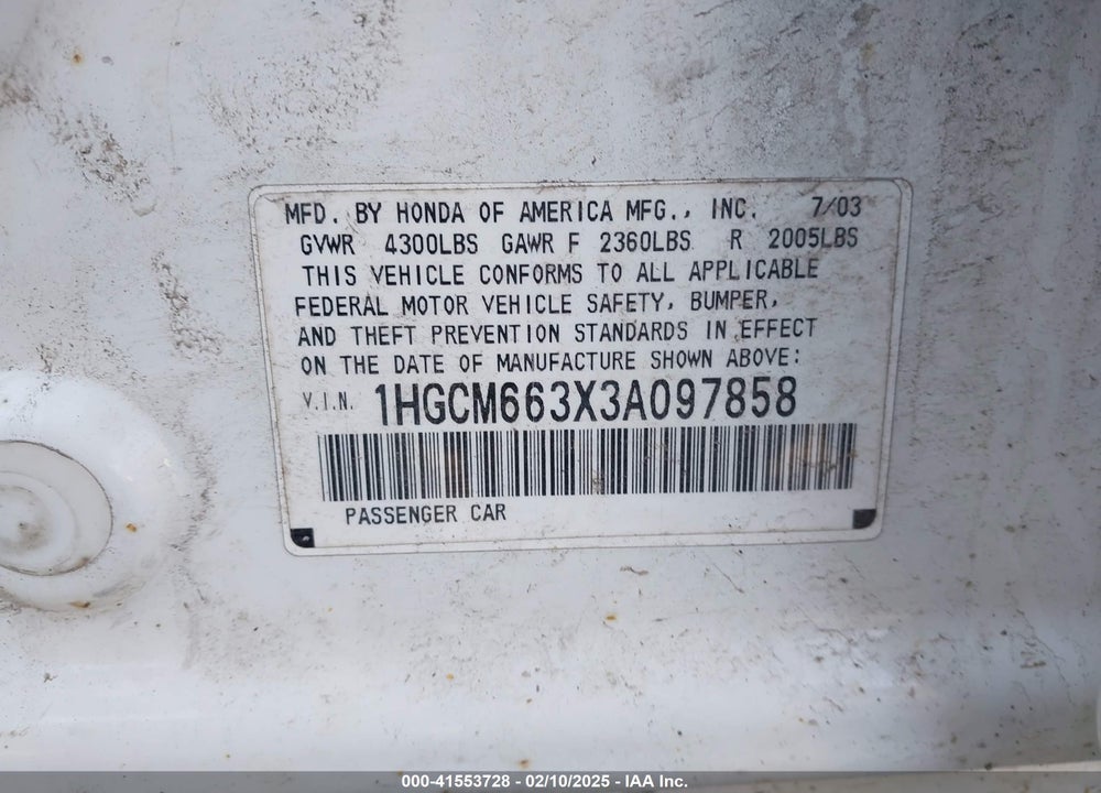2003 HONDA ACCORD 3.0 LX VIN: 1HGCM663X3A097858
