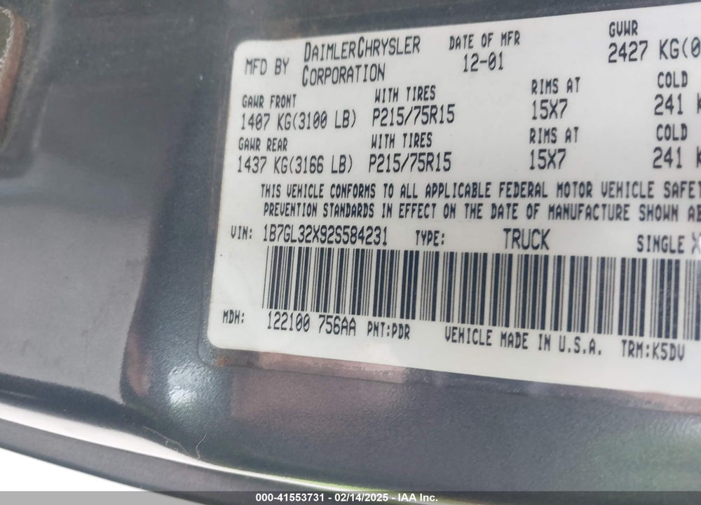 2002 DODGE DAKOTA SPORT VIN: 1B7GL32X92S584231