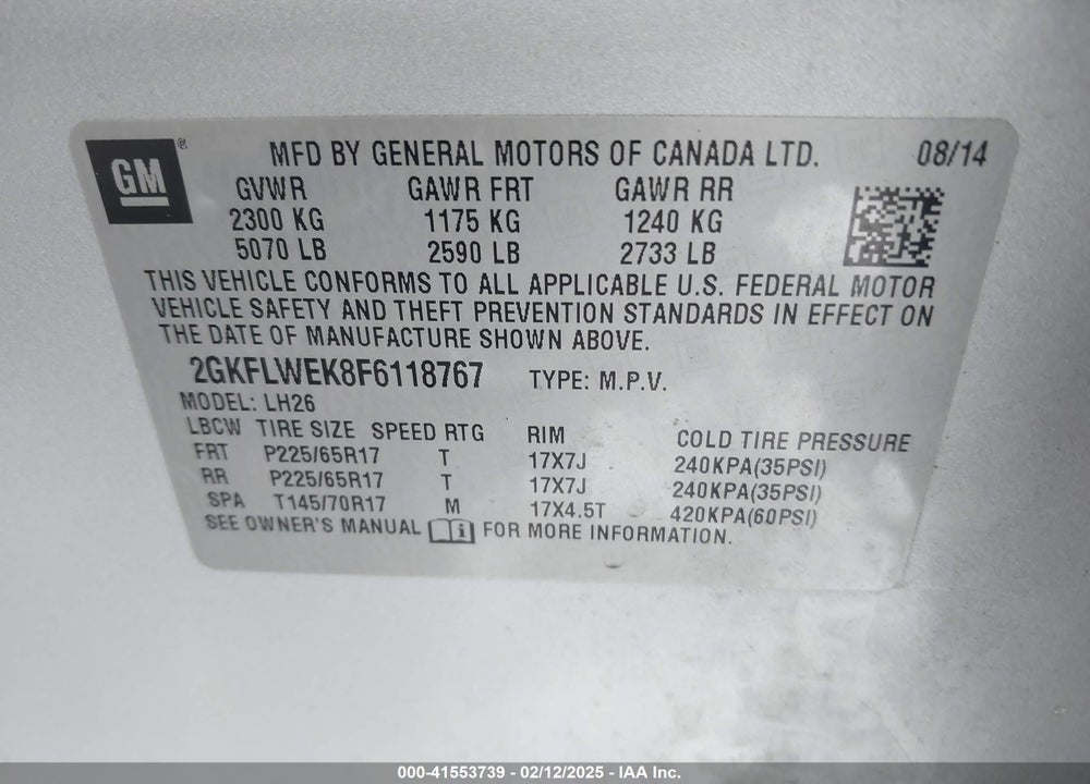 2015 GMC TERRAIN SLE-2 VIN: 2GKFLWEK8F6118767