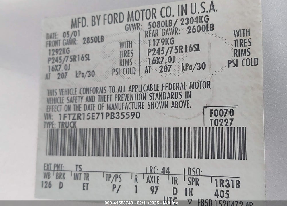 2001 FORD RANGER EDGE/XLT VIN: 1FTZR15E71PB35590