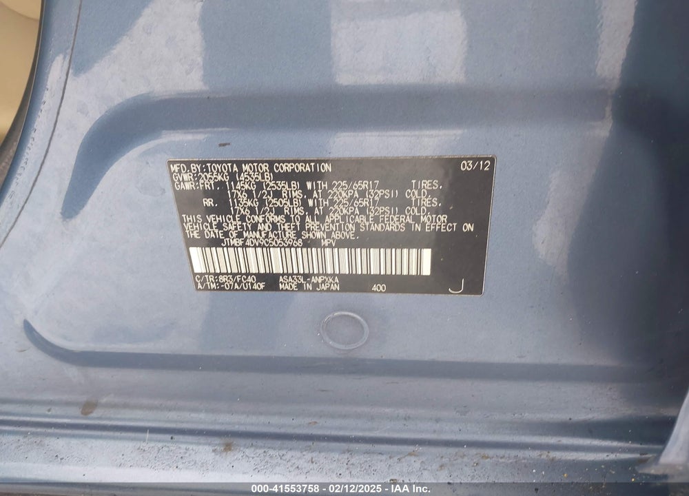 2012 TOYOTA RAV4 VIN: JTMBF4DV9C5053968