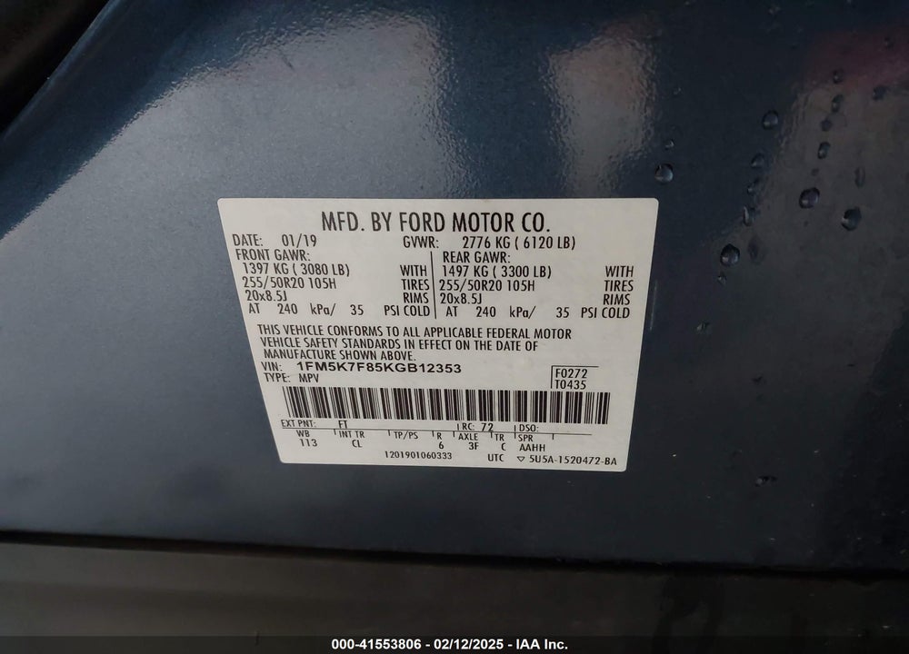 2019 FORD EXPLORER LIMITED VIN: 1FM5K7F85KGB12353