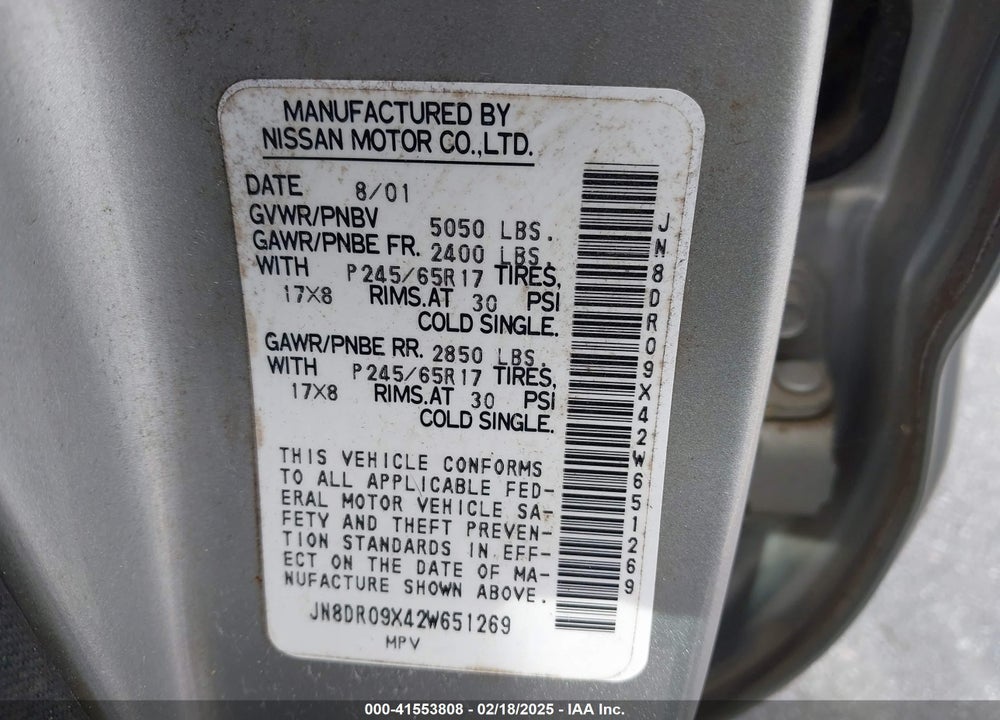 2002 NISSAN PATHFINDER LE VIN: JN8DR09X42W651269
