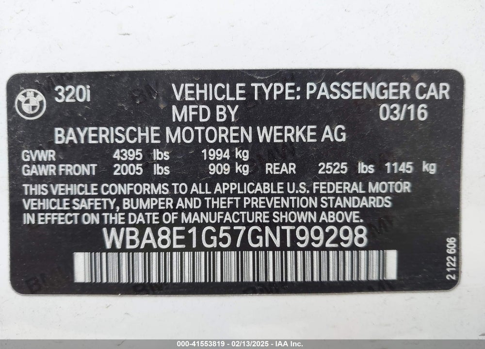 2016 BMW 320I VIN: WBA8E1G57GNT99298