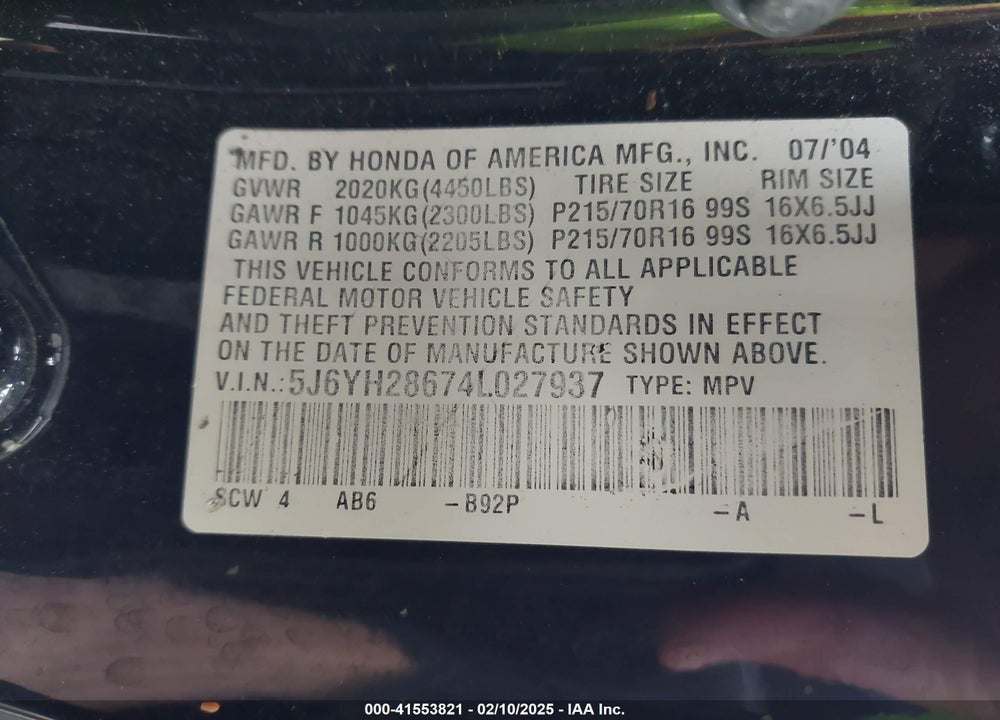 2004 HONDA ELEMENT EX VIN: 5J6YH28674L027937