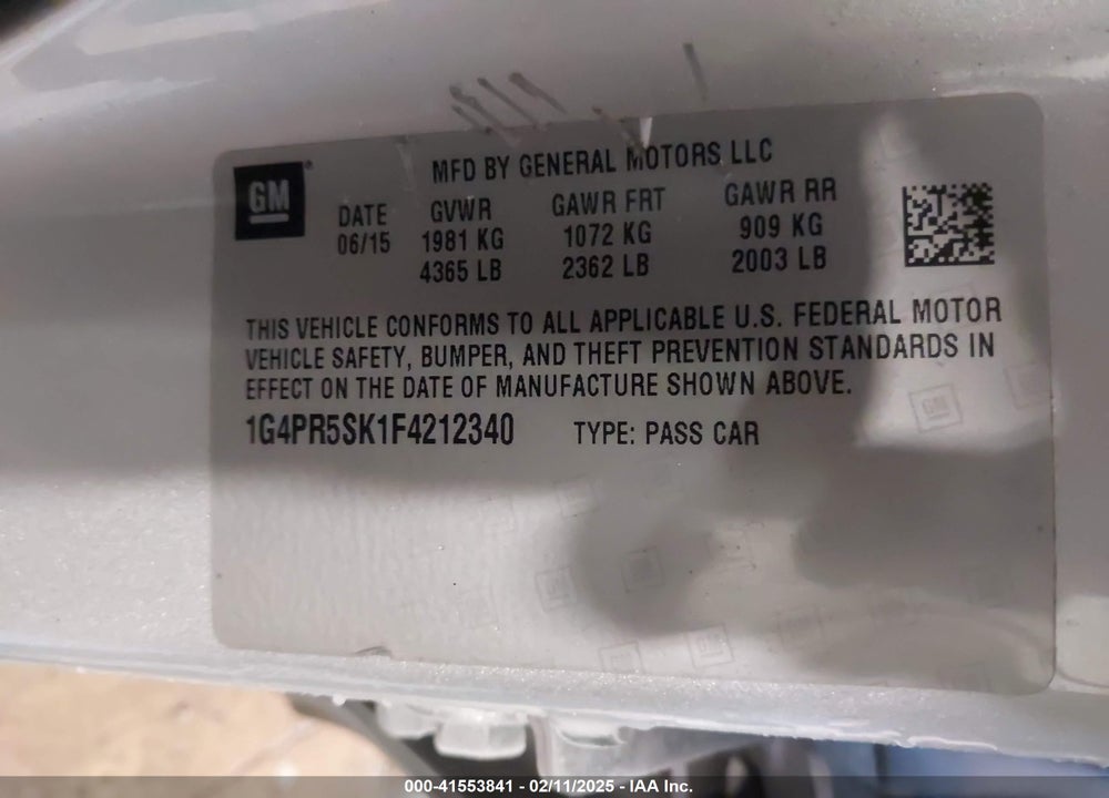 2015 BUICK VERANO CONVENIENCE GROUP VIN: 1G4PR5SK1F4212340