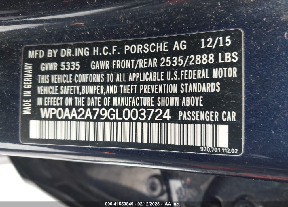 2016 PORSCHE PANAMERA VIN: WP0AA2A79GL003724