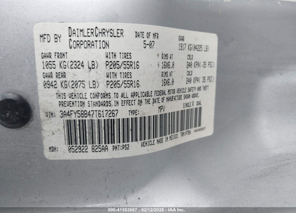 2007 CHRYSLER PT CRUISER TOURING VIN: 3A4FY58B47T617267