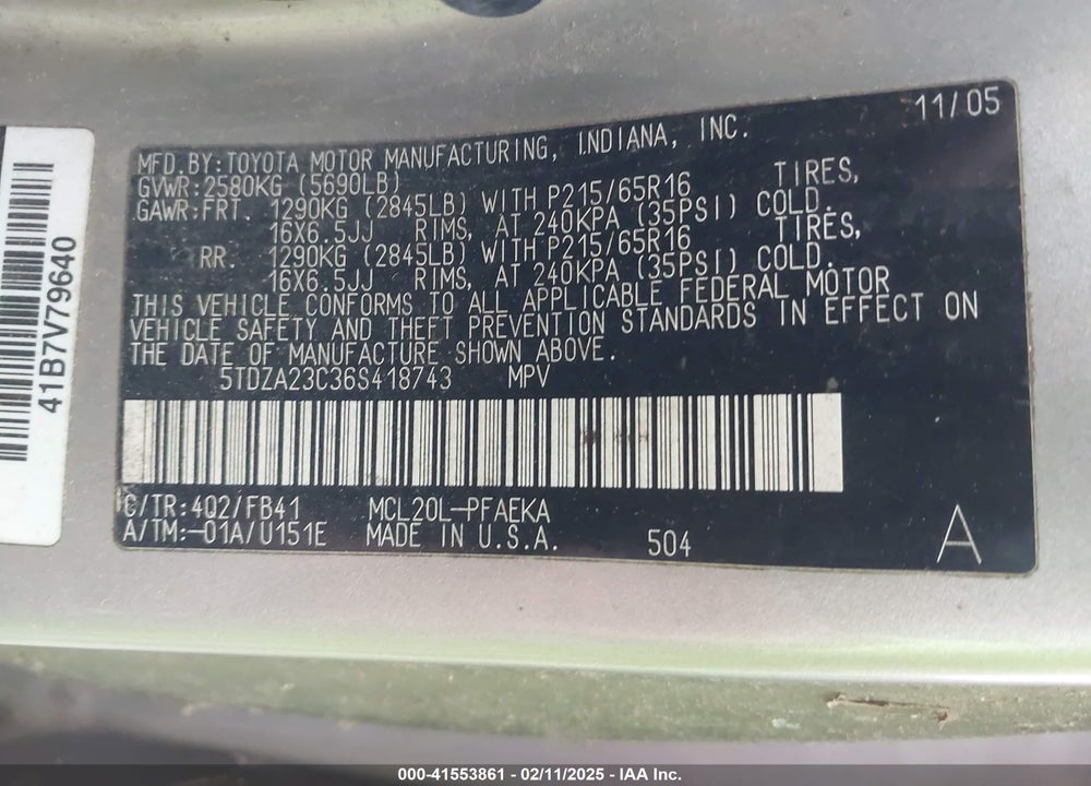 2006 TOYOTA SIENNA VIN: 5TDZA23C36S418743