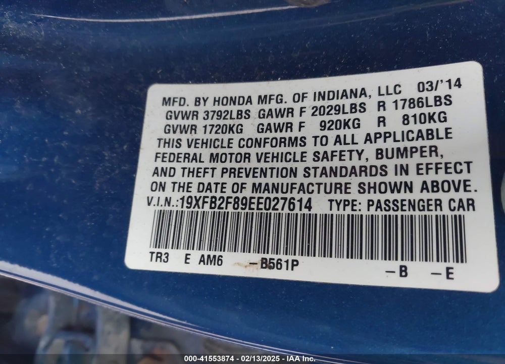 2014 HONDA CIVIC VIN: 19XFB2F89EE027614