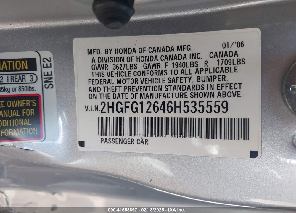 2006 HONDA CIVIC LX VIN: 2HGFG12646H535559