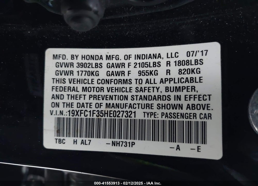 2017 HONDA CIVIC VIN: 19XFC1F35HE027321