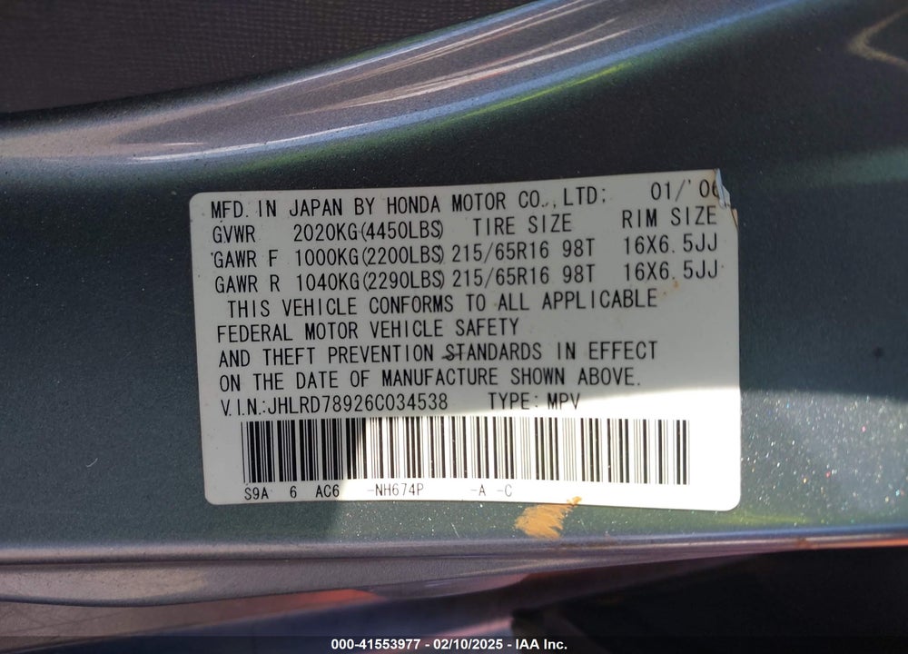 2006 HONDA CR-V SE VIN: JHLRD78926C034538
