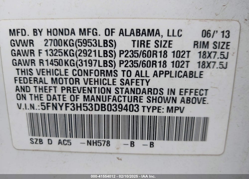2013 HONDA PILOT EX-L VIN: 5FNYF3H53DB039403