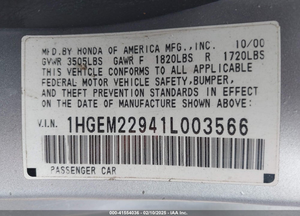 2001 HONDA CIVIC EX VIN: 1HGEM22941L003566