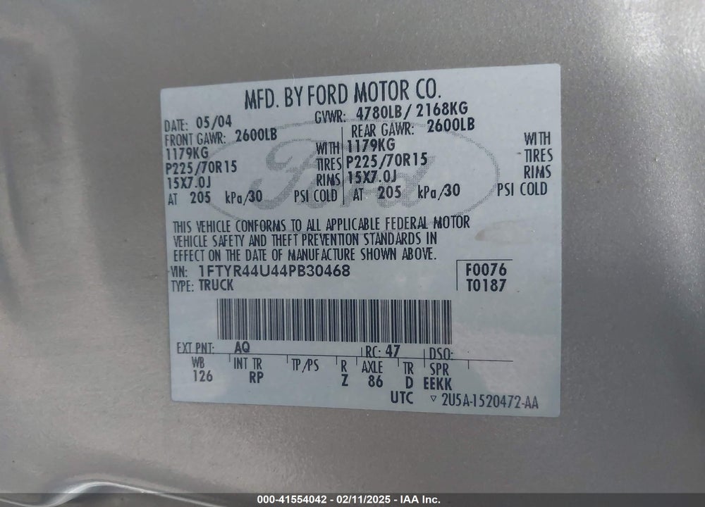 2004 FORD RANGER EDGE/TREMOR/XLT VIN: 1FTYR44U44PB30468