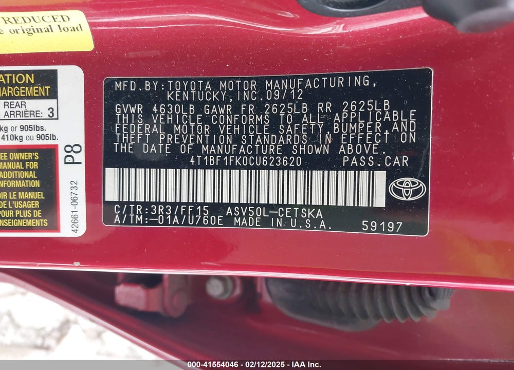 2012 TOYOTA CAMRY VIN: 4T1BF1FK0CU623620