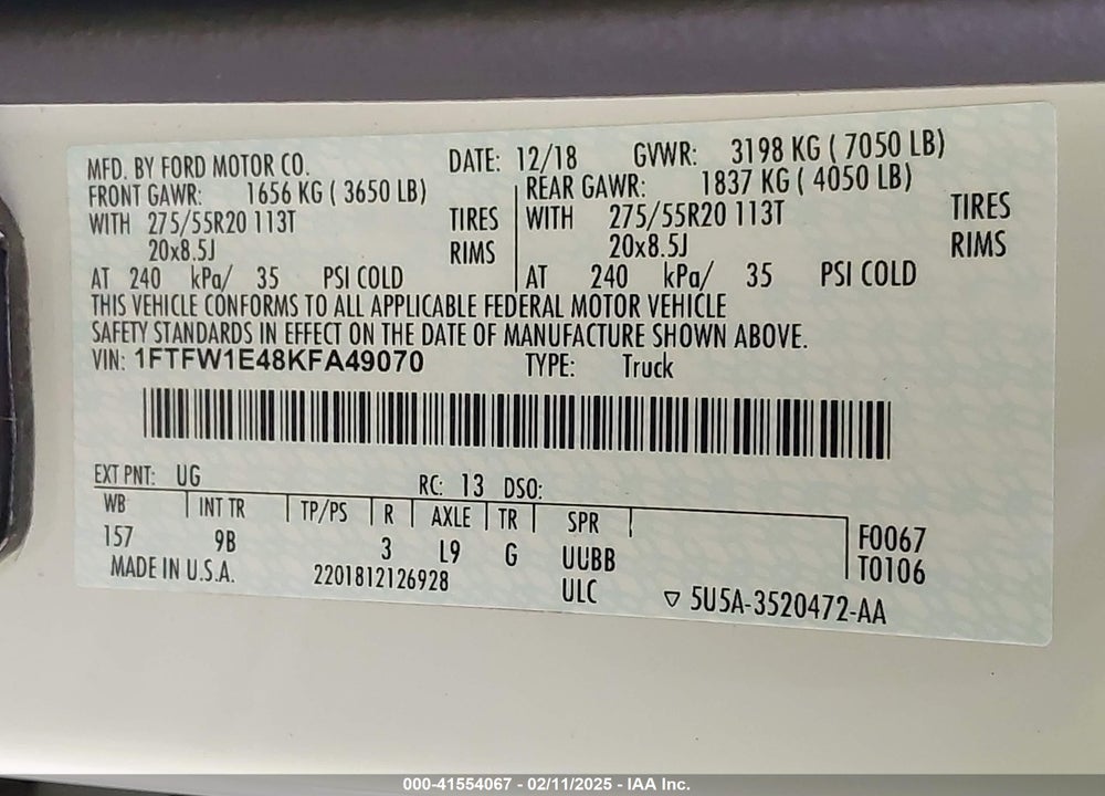 2019 FORD F-150 PLATINUM VIN: 1FTFW1E48KFA49070