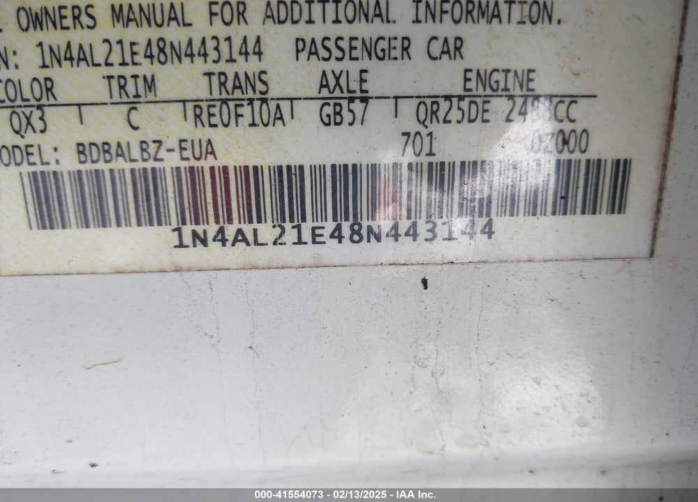 2008 NISSAN ALTIMA 2.5 S VIN: 1N4AL21E48N443144