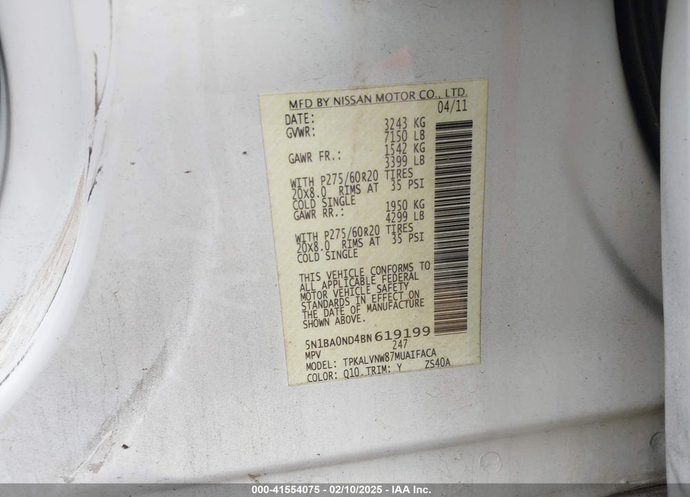 2011 NISSAN ARMADA VIN: 5N1BA0ND4BN619199