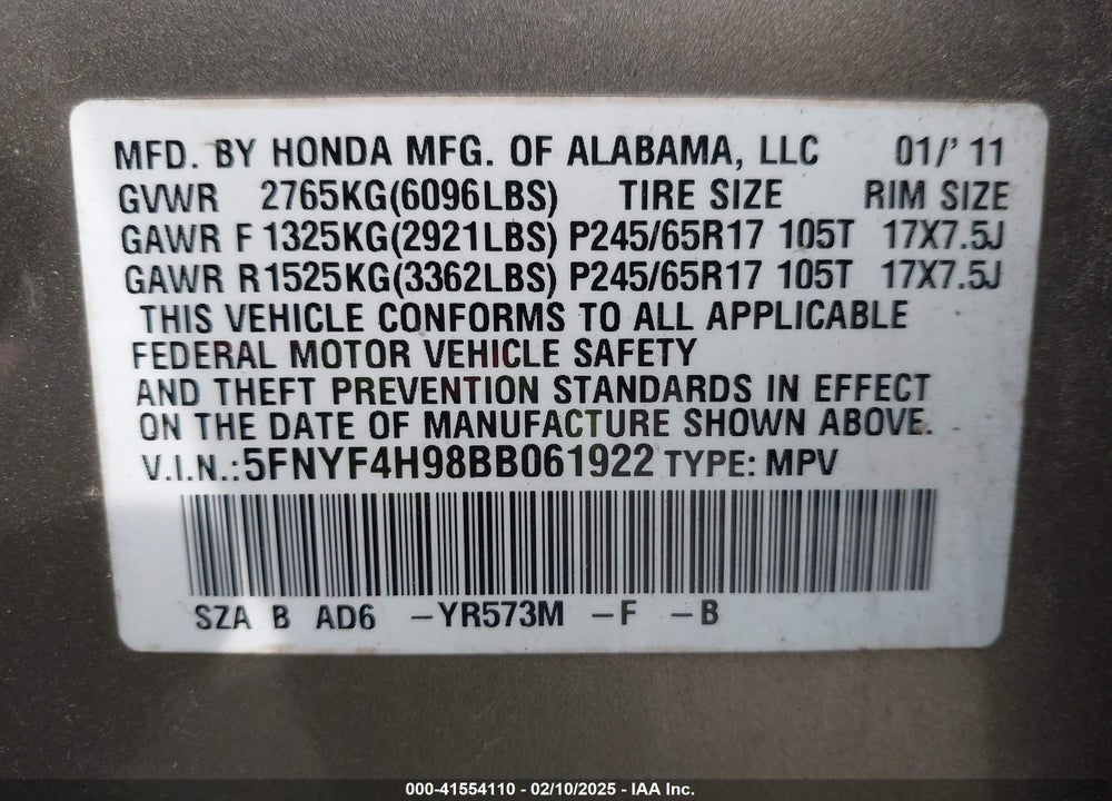 2011 HONDA PILOT TOURING VIN: 5FNYF4H98BB061922