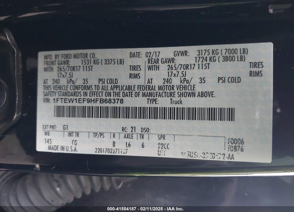 2017 FORD F-150 VIN: 1FTEW1EF9HFB68378