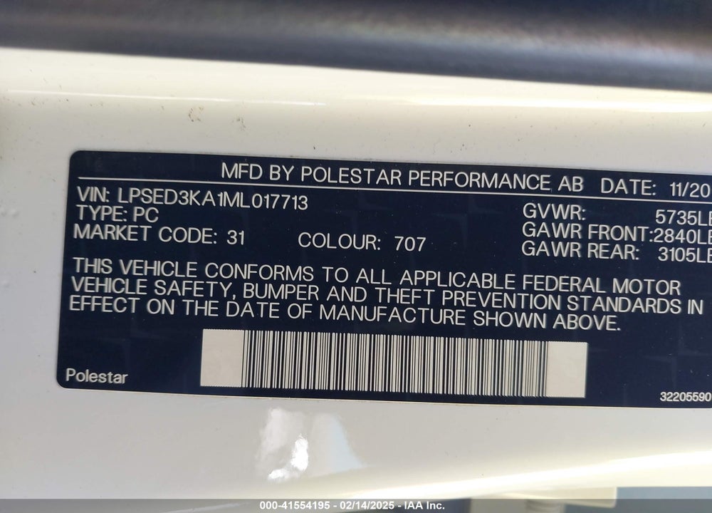 2021 POLESTAR 2 LAUNCH EDITION VIN: LPSED3KA1ML017713