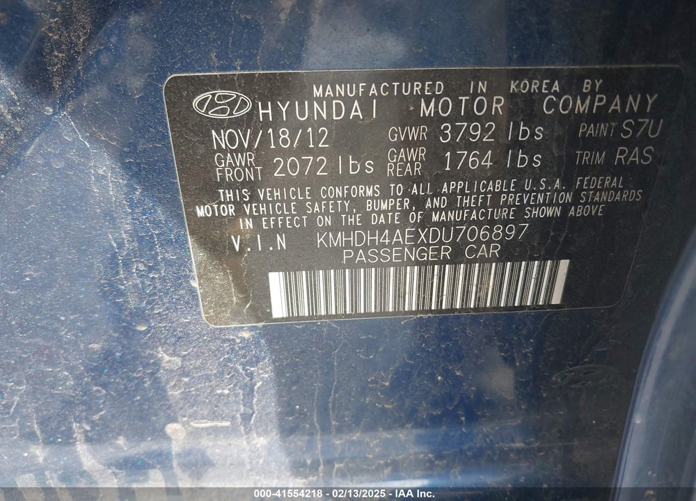 2013 HYUNDAI ELANTRA VIN: KMHDH4AEXDU706897