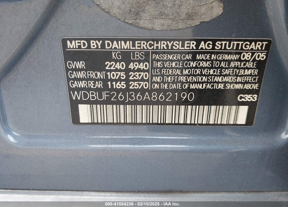 2006 MERCEDES-BENZ E 320 CDI VIN: WDBUF26J36A862190