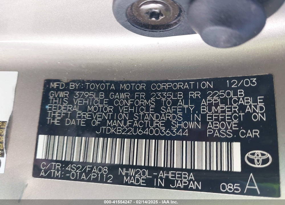 2004 TOYOTA PRIUS VIN: JTDKB22U640036344