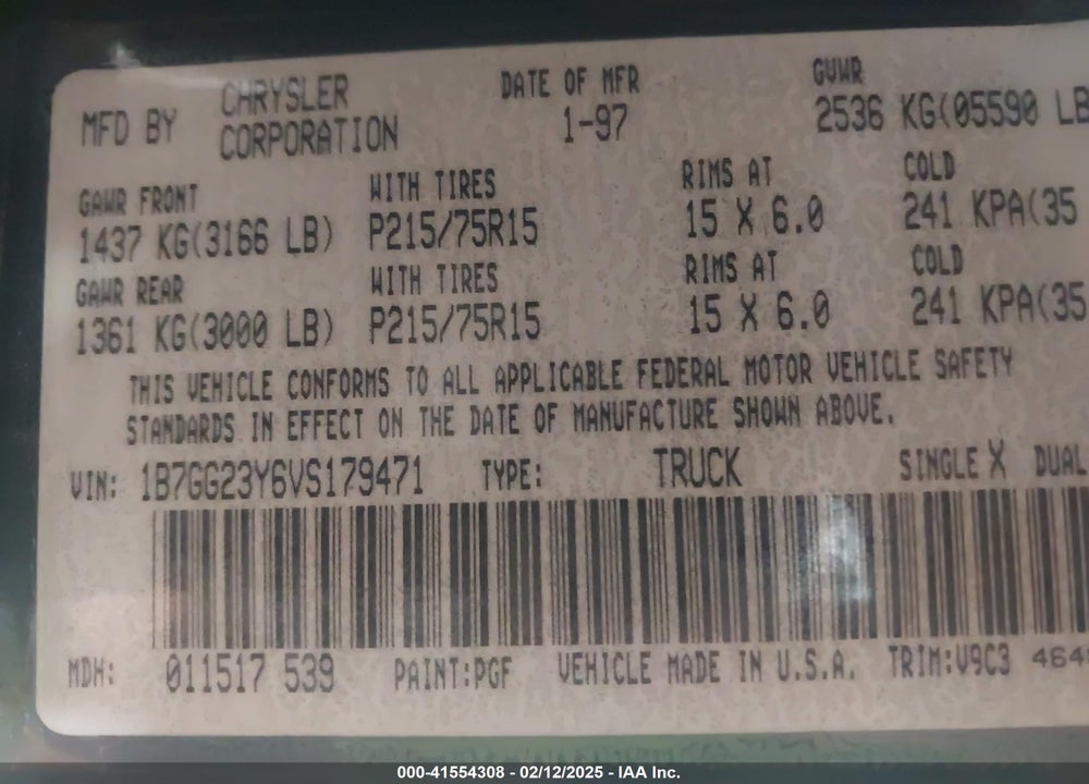 1997 DODGE DAKOTA SLT/SPORT VIN: 1B7GG23Y6VS179471