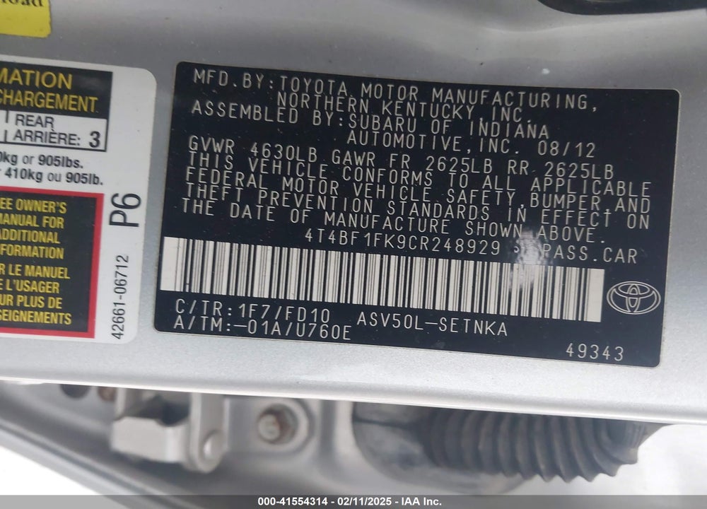 2012 TOYOTA CAMRY VIN: 4T4BF1FK9CR248929