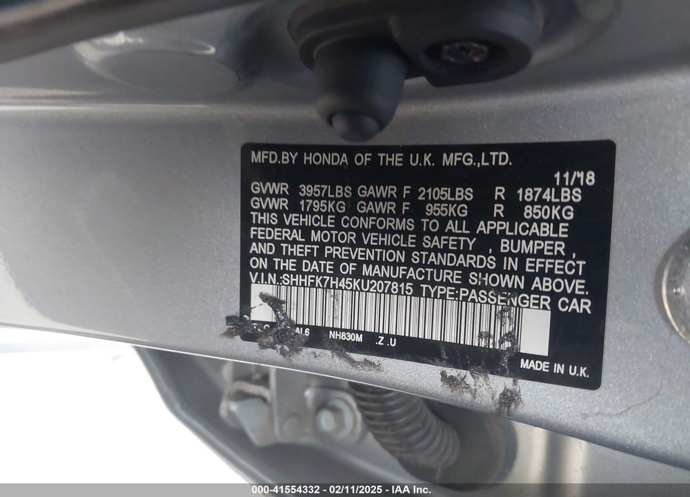 2019 HONDA CIVIC VIN: SHHFK7H45KU207815