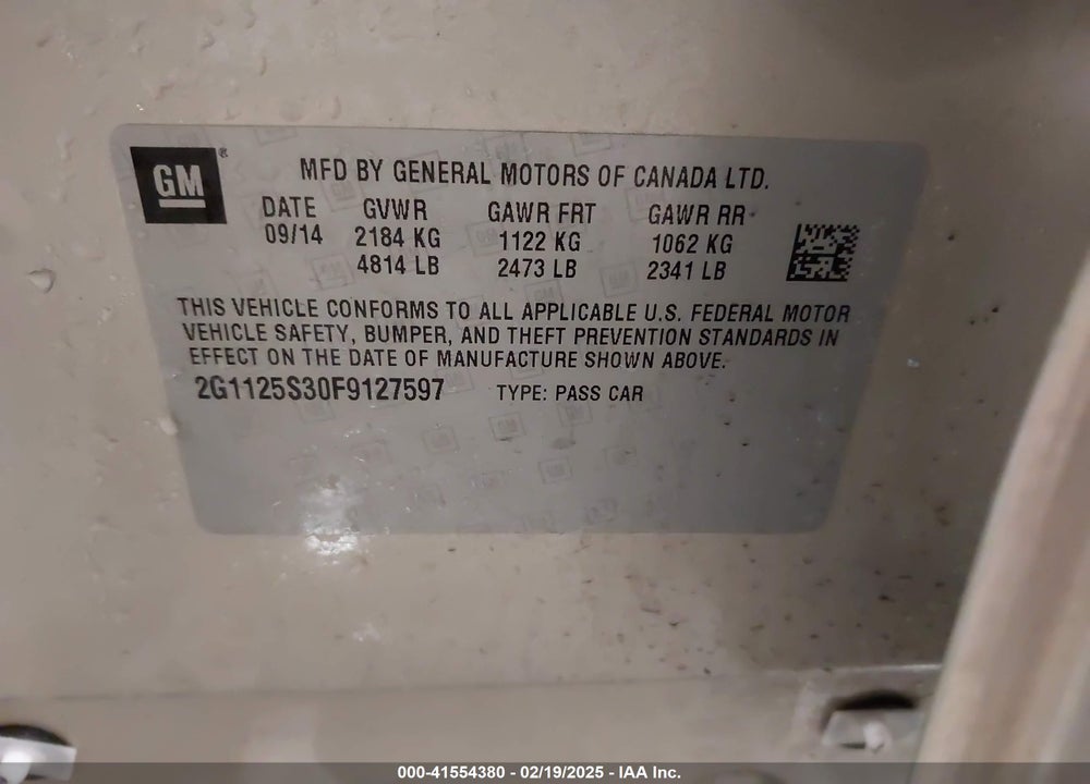 2015 CHEVROLET IMPALA VIN: 2G1125S30F9127597