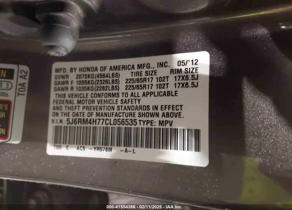 2012 HONDA CR-V EX-L VIN: 5J6RM4H77CL056535