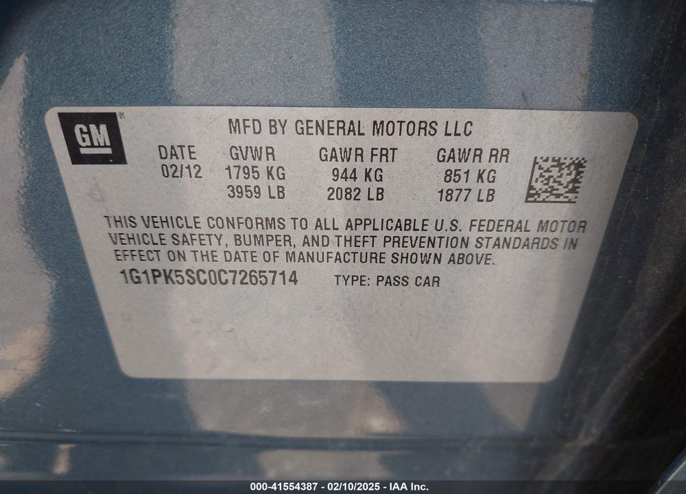 2012 CHEVROLET CRUZE VIN: 1G1PK5SC0C7265714