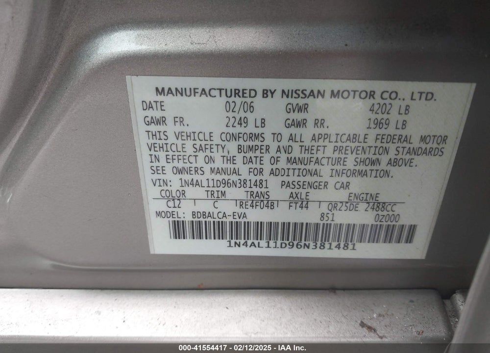 2006 NISSAN ALTIMA VIN: 1N4AL11D96N381481