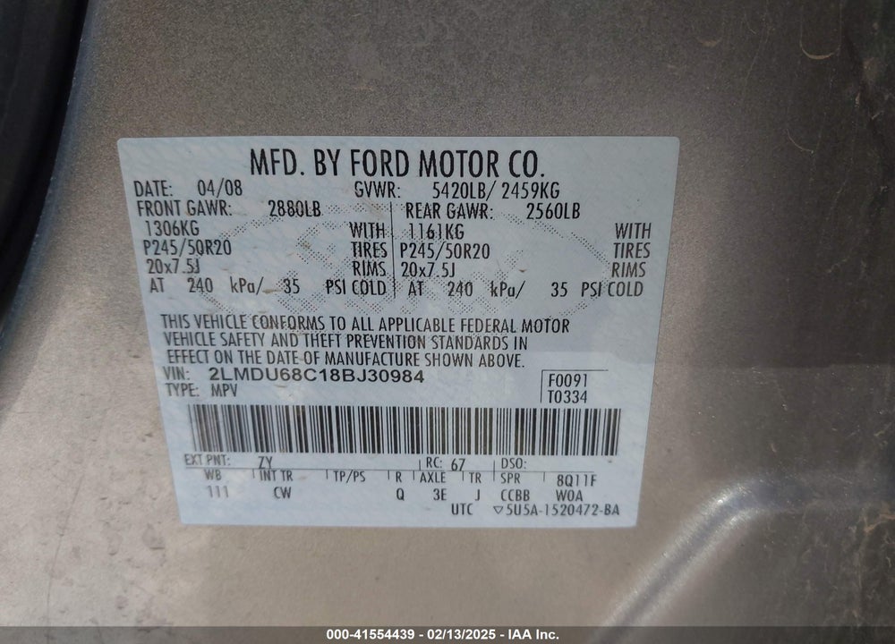 2008 LINCOLN MKX VIN: 2LMDU68C18BJ30984