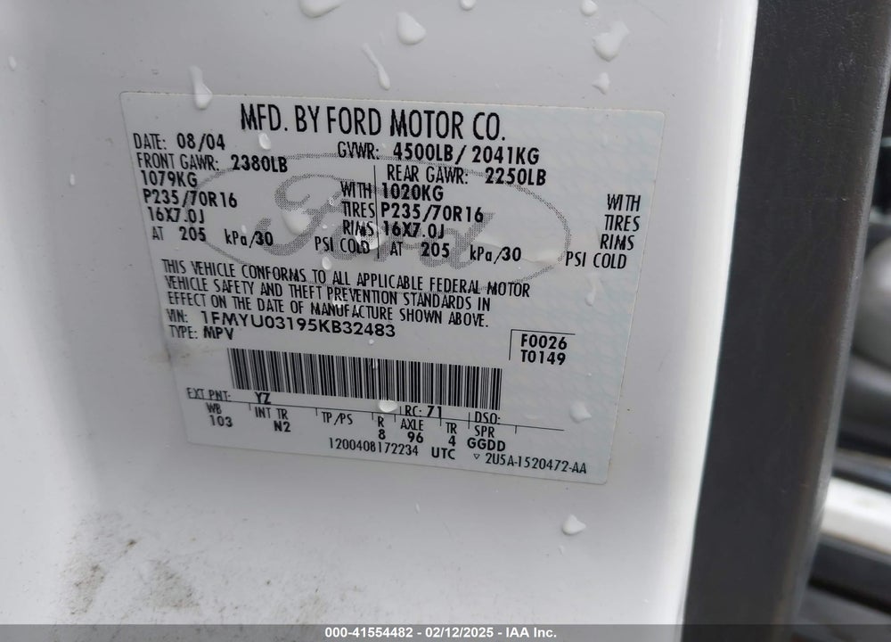 2005 FORD ESCAPE XLT VIN: 1FMYU03195KB32483