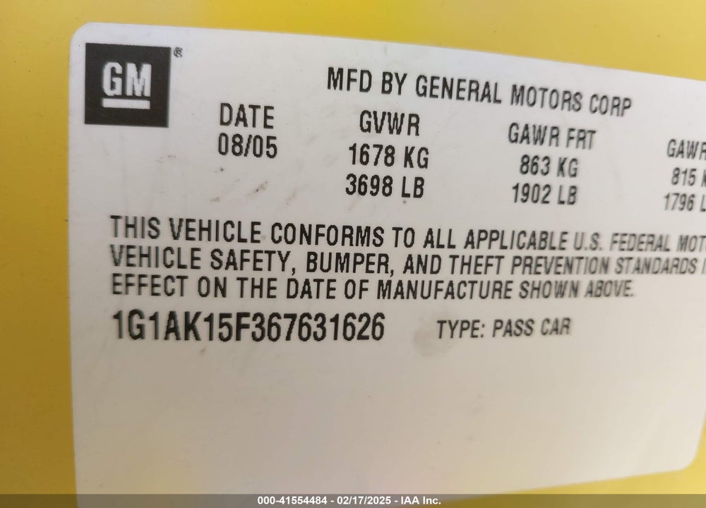 2006 CHEVROLET COBALT LS VIN: 1G1AK15F367631626