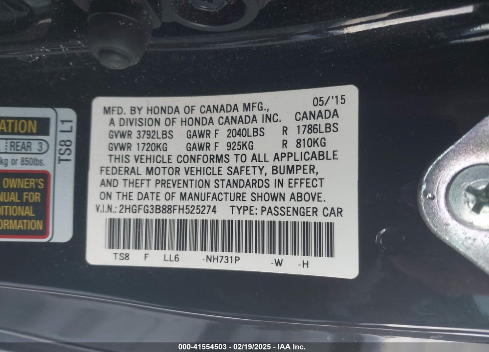 2015 HONDA CIVIC VIN: 2HGFG3B88FH525274
