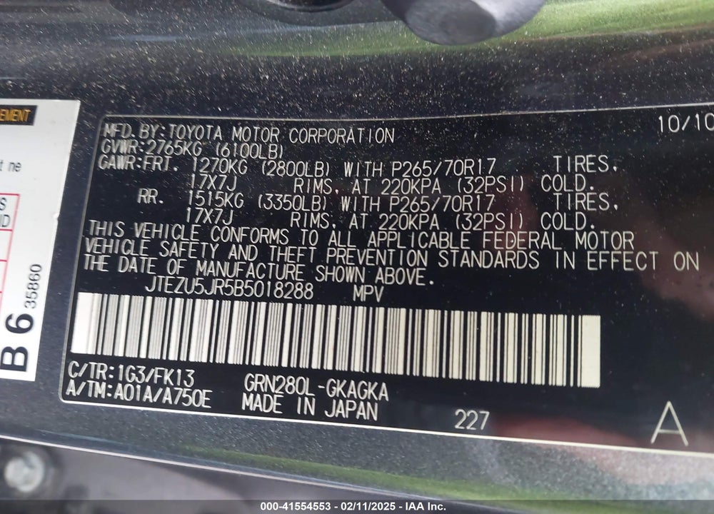 2011 TOYOTA 4RUNNER VIN: JTEZU5JR5B5018288