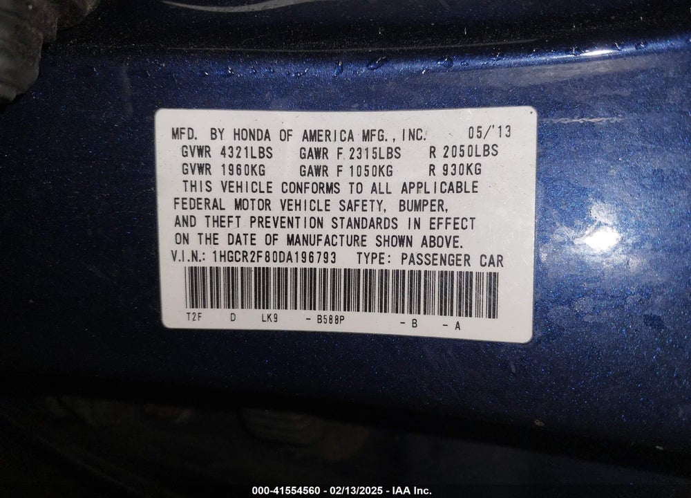 2013 HONDA ACCORD EX-L VIN: 1HGCR2F80DA196793