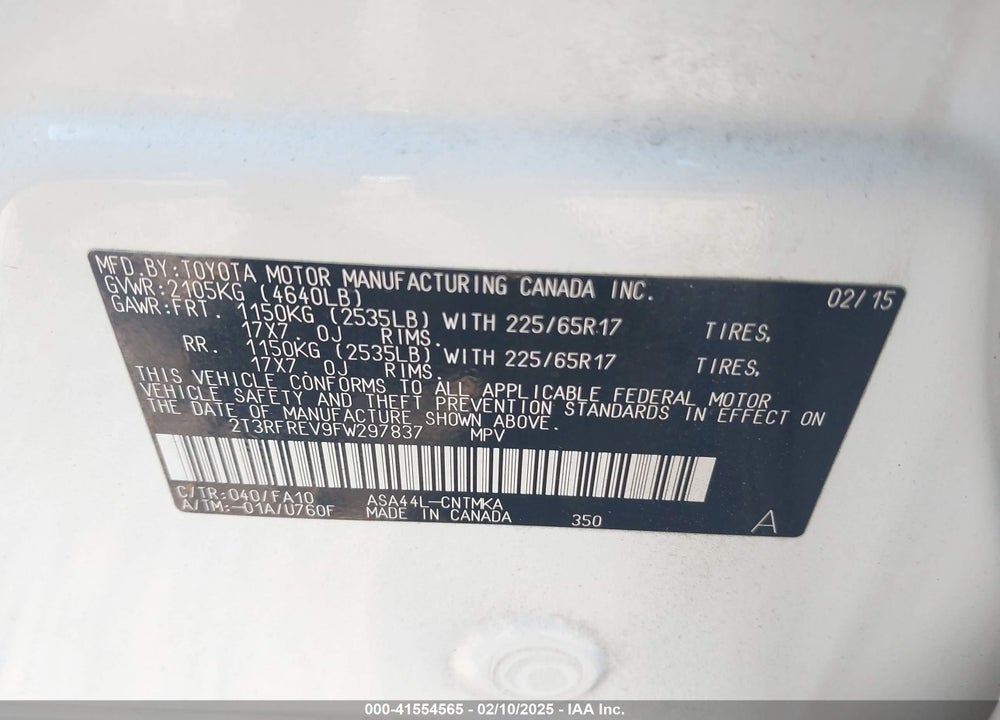 2015 TOYOTA RAV4 VIN: 2T3RFREV9FW297837