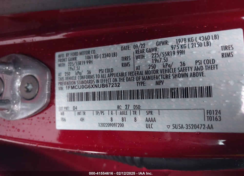 2022 FORD ESCAPE SE VIN: 1FMCU0G6XNUB67232