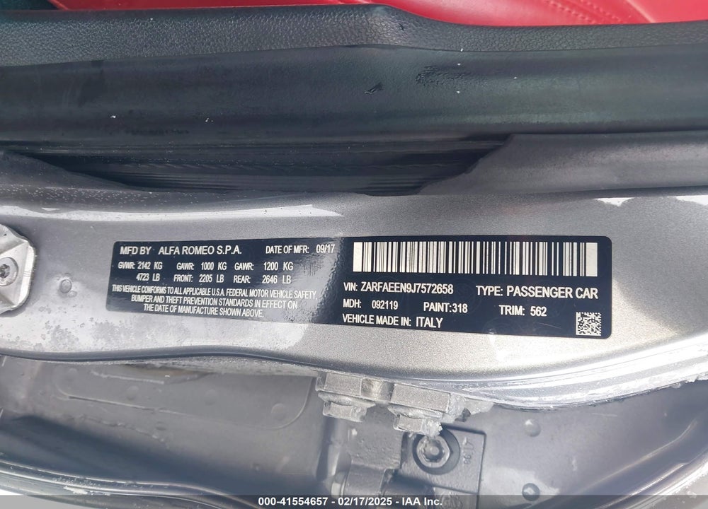 2018 ALFA ROMEO GIULIA VIN: ZARFAEEN9J7572658