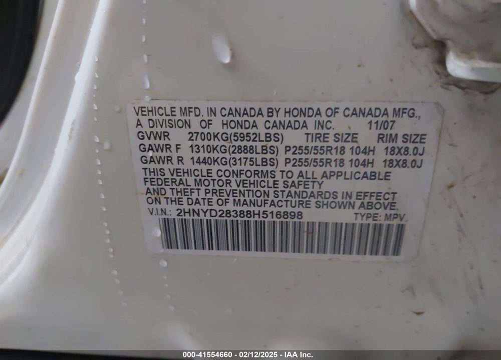 2008 ACURA MDX TECHNOLOGY PACKAGE VIN: 2HNYD28388H516898