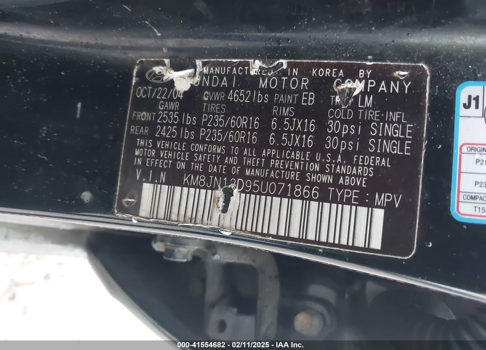 2005 HYUNDAI TUCSON GLS/LX VIN: KM8JN12D95U071866