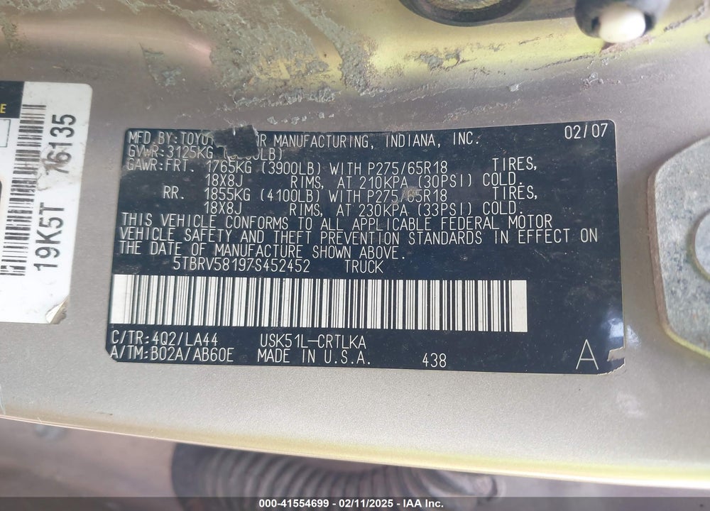 2007 TOYOTA TUNDRA VIN: 5TBRV58197S452452