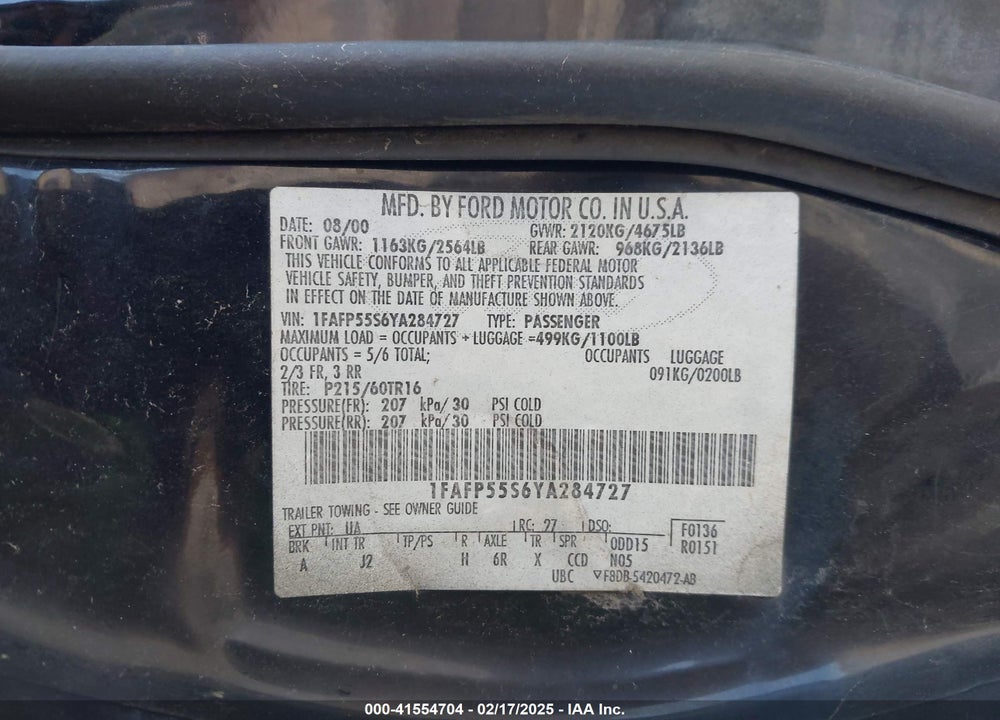 2000 FORD TAURUS SES VIN: 1FAFP55S6YA284727